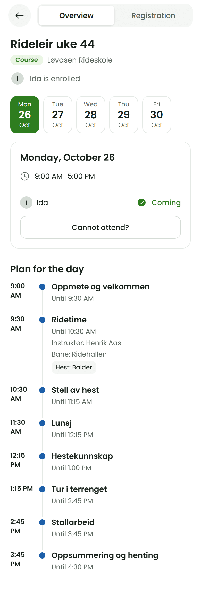 The student app: a day at riding camp with the plan for the day and the horse the child will ride