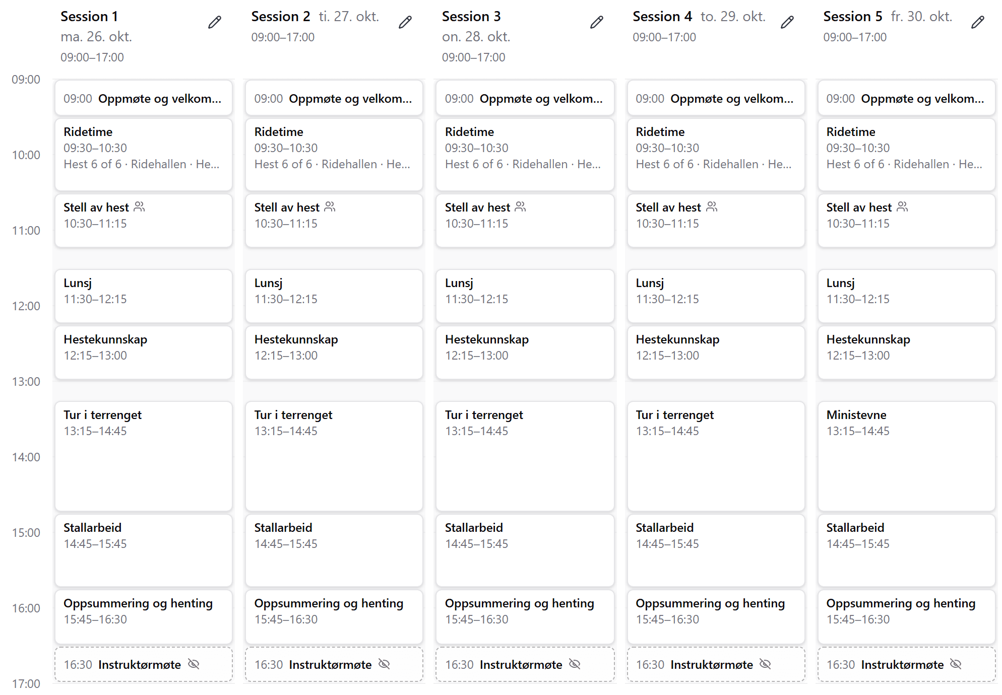 The schedule of a riding camp: five days side by side with riding lessons, horse care and lunch