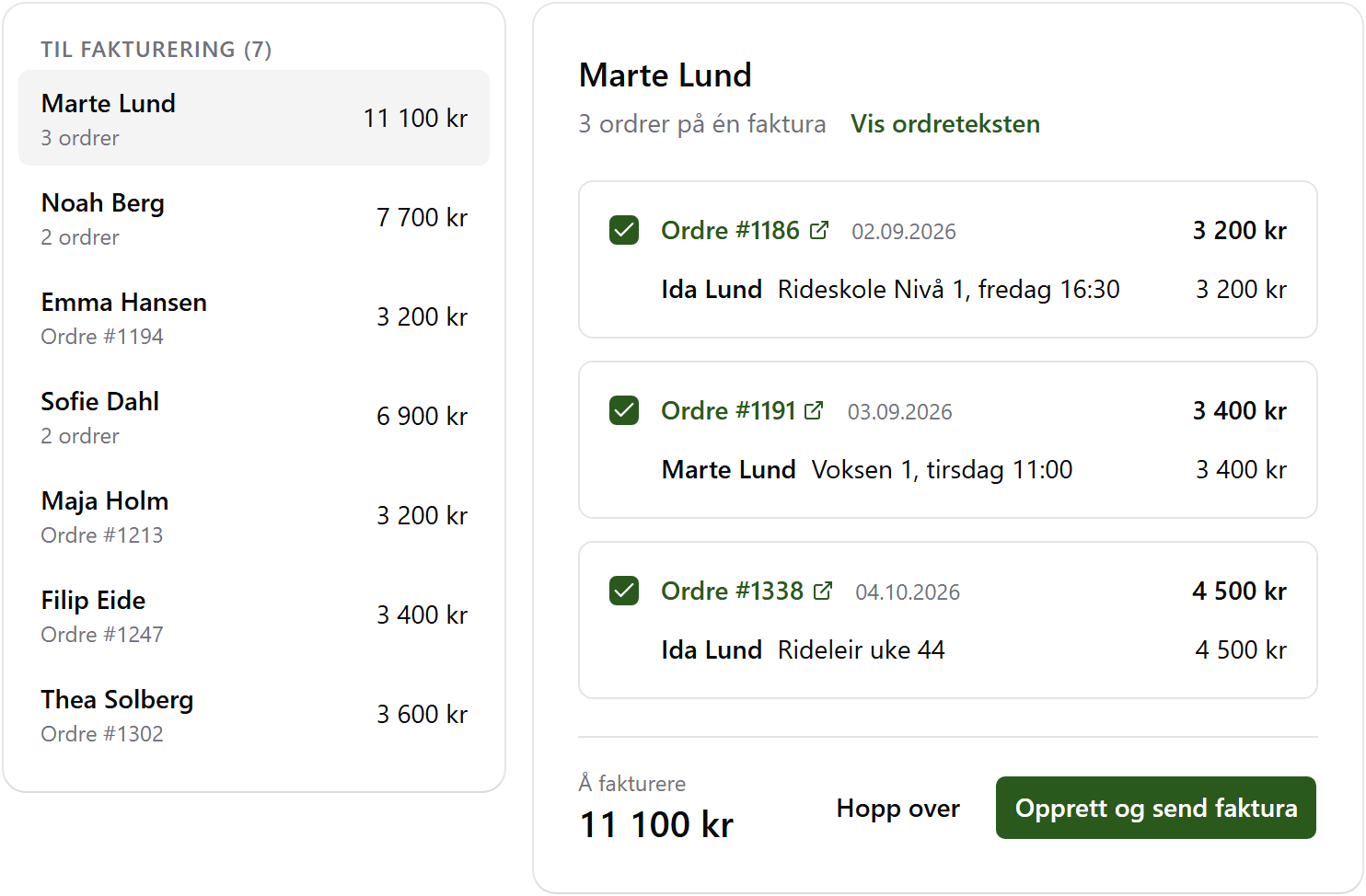 Quick processing: customers with orders to invoice, and three orders for one customer combined on one invoice
